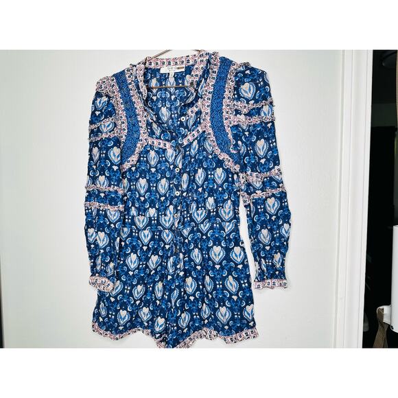 SEA NEW YORK Brigitte Blue Printed Border Ruffle Romper Size 2 - Picture 4 of 9